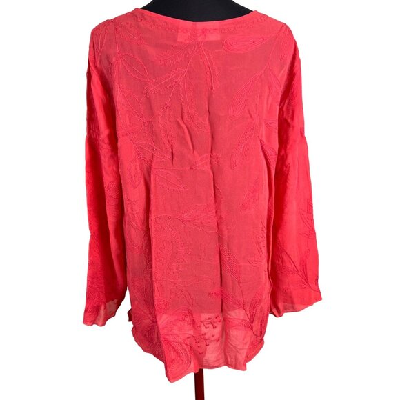 Chicos Womens 2 US 12 Coral Flowy Embroidered Sheer Long Sleeve Lightweight Top - Picture 2 of 11